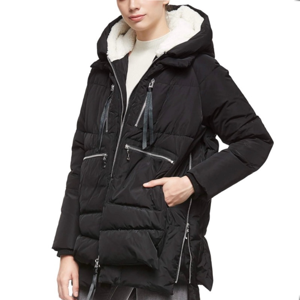 Orolay Black Sherpa Hooded Puffer Coat Orange Lining Winter Jacket NWT 2XL